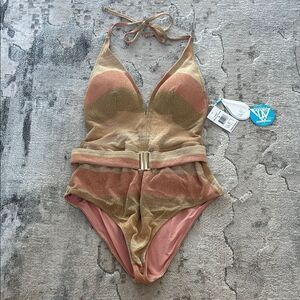 Elegant Tan and Pink One-Piece Swimsuit